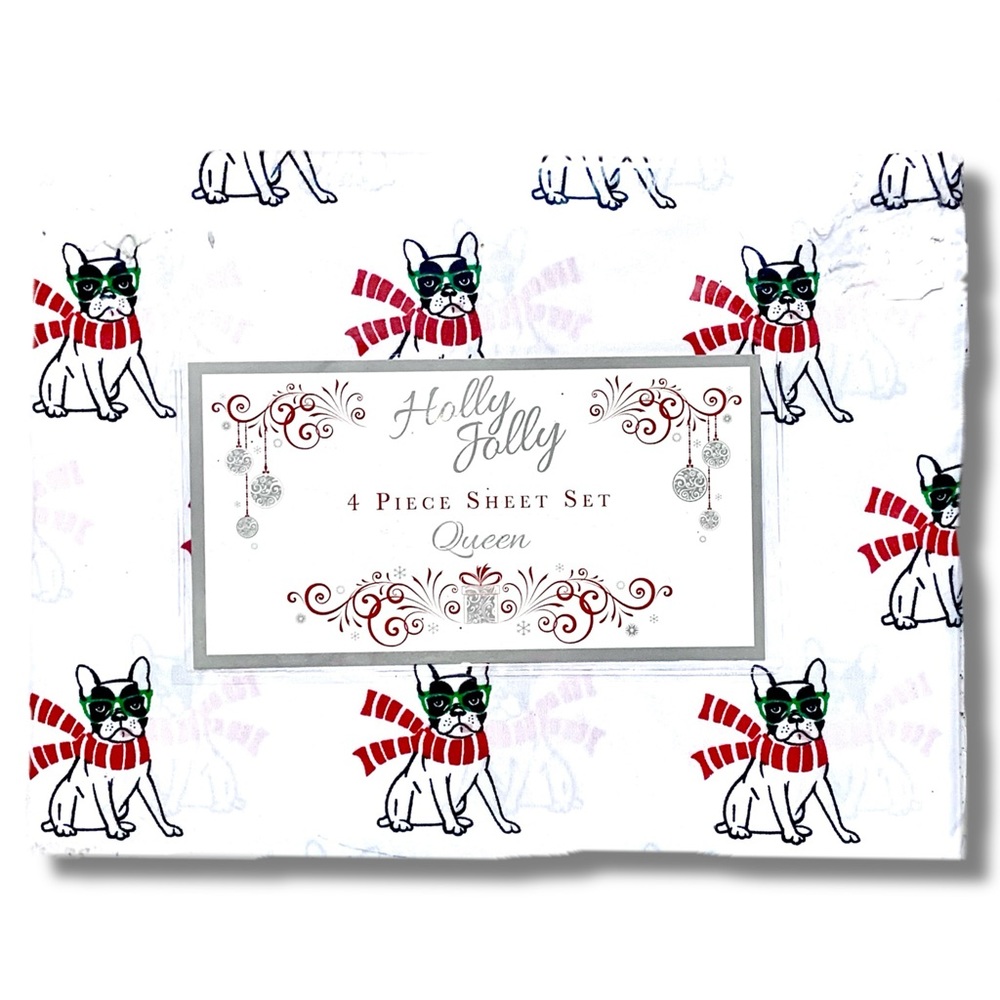 4pc QUEEN Sheet Set ◈ Frenchie Santa Holiday